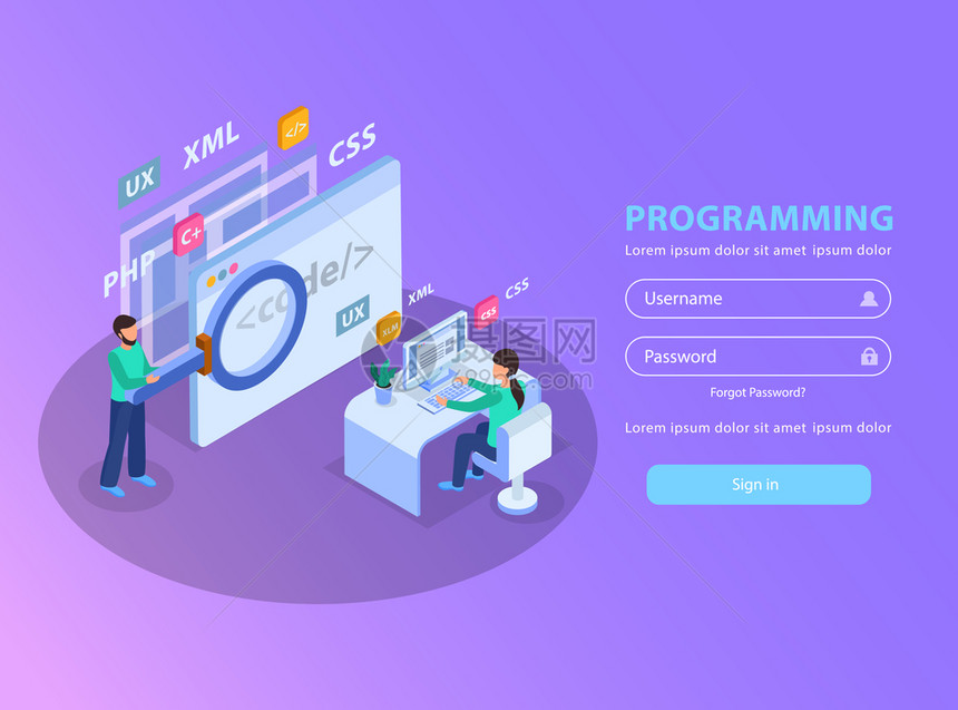 網(wǎng)頁開發(fā)等距背景標志頁與圖像字段的登錄密碼矢量插圖